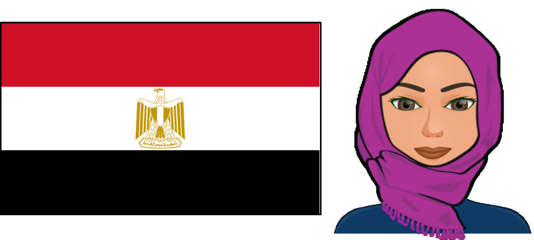 To the left of the image is the national flag of Egypt. The Egyptian flag consists of three equally sized horizontal stripes. The top one is red, the middle one is white, and the third one is black. In the middle of the white stripe, Saladin´s eagle is placed. It is a national symbol of Egypt and it refers to Arabic identity and independence. The eagle is largely a symbol consisting of gold vertical lines depicting the wings. The eagle is not in flight and is looking to the left. Beneath it's tail feathers is a horizontal curved shape containing arabic script. To the right of the flag is an facial avatar of a woman. Her skin is of a light brown colour. She is wearing a purple hijab which has some fabric down to her chest, over a dark teal green top. and she is smiling. She is visible to her shoulders. End of description.